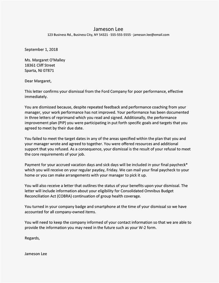 sample dismissal letter