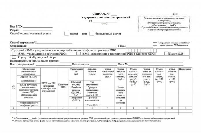 список отправлений ф 103