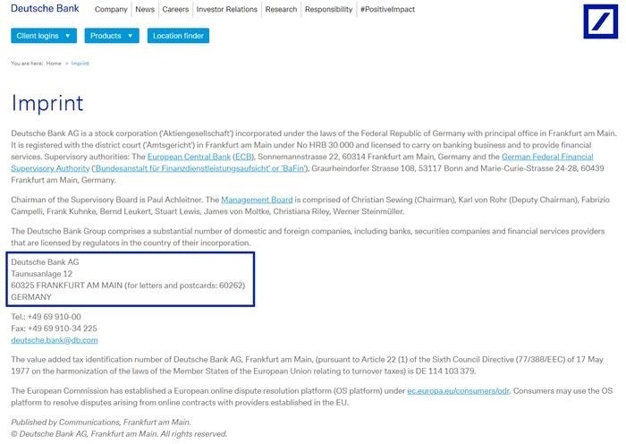 Пример написание адреса в контактах на сайте немецкого банка