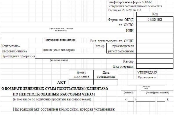Бланк и образец бланка возврата денежных средств КМ-3